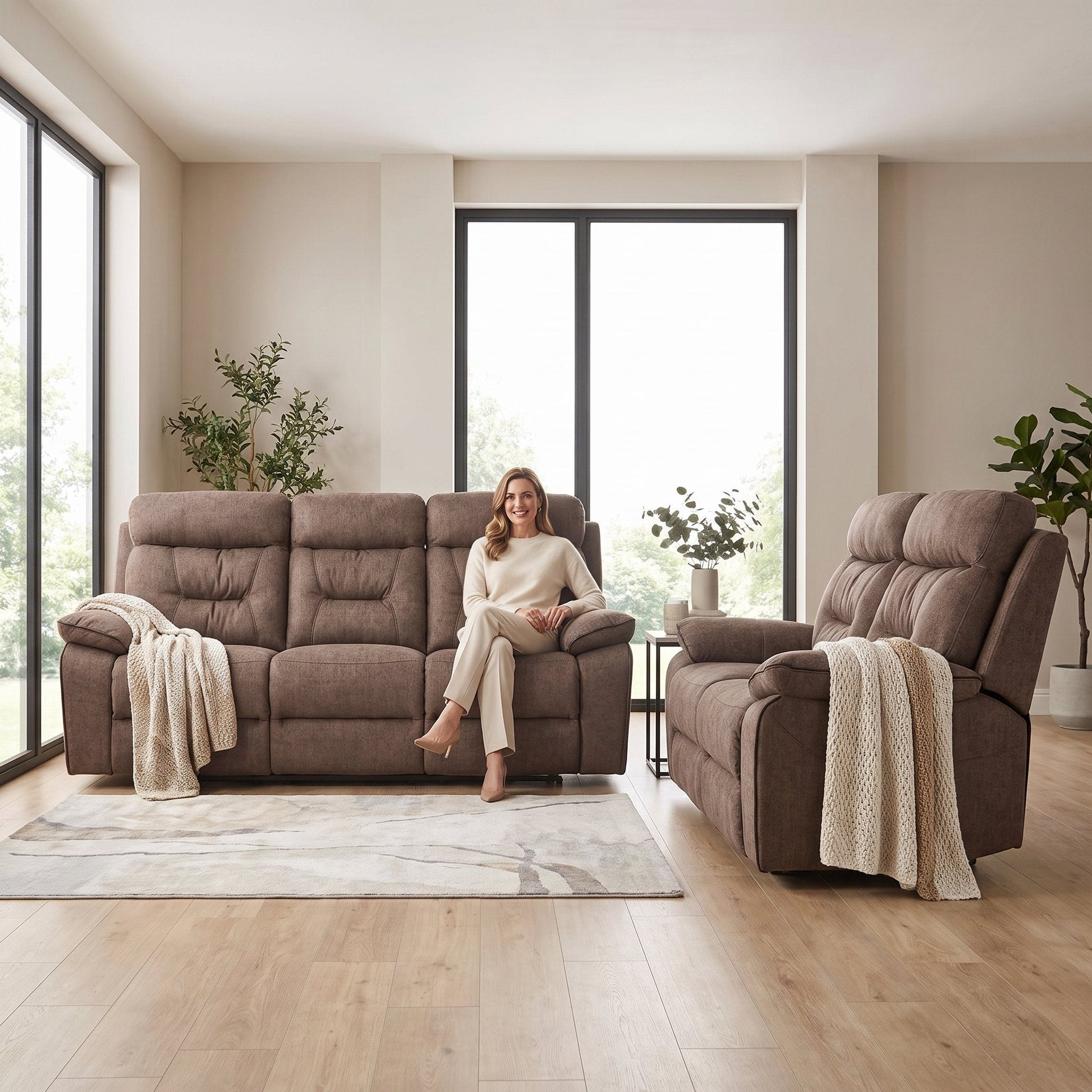 Foster Brown Fabric Electric Recliner 3+2 Seater Sofa Set - Furniture Instore