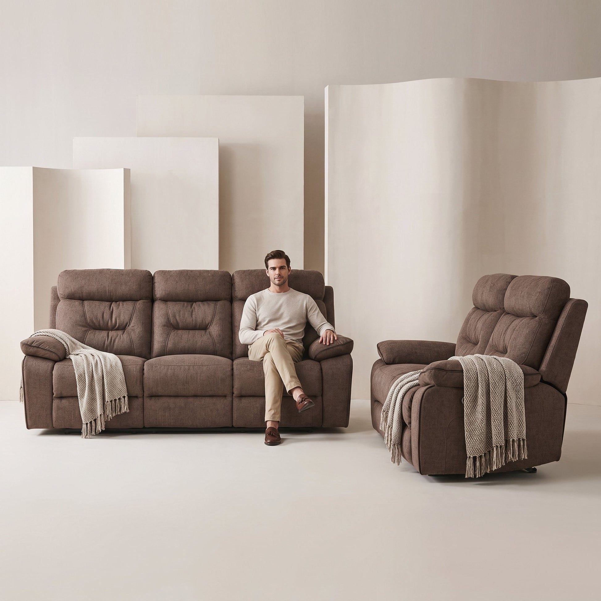 Foster Brown Fabric Electric Recliner 3+2 Seater Sofa Set - Furniture Instore