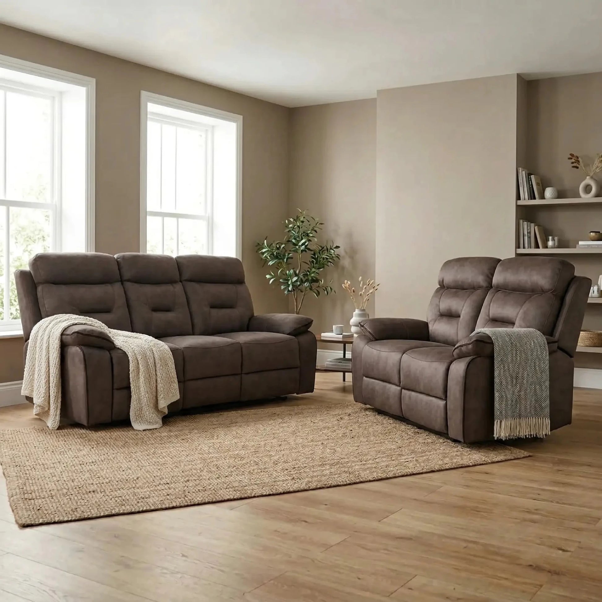 Foster Brown Fabric Electric Recliner 3+2 Seater Sofa Set - Furniture Instore