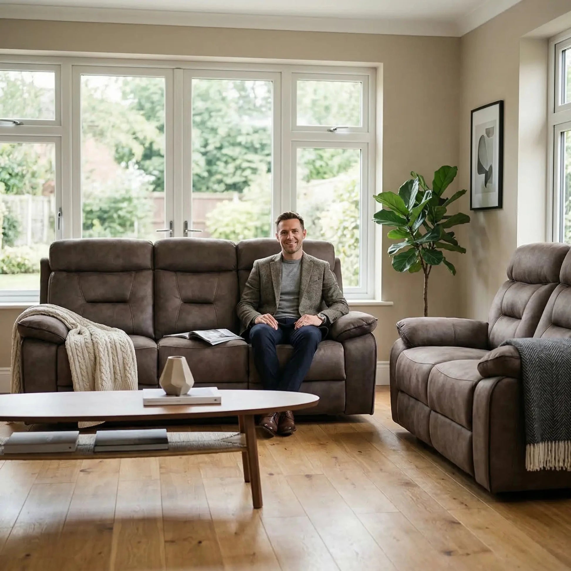 Foster Brown Fabric Electric Recliner 3+2 Seater Sofa Set - Furniture Instore