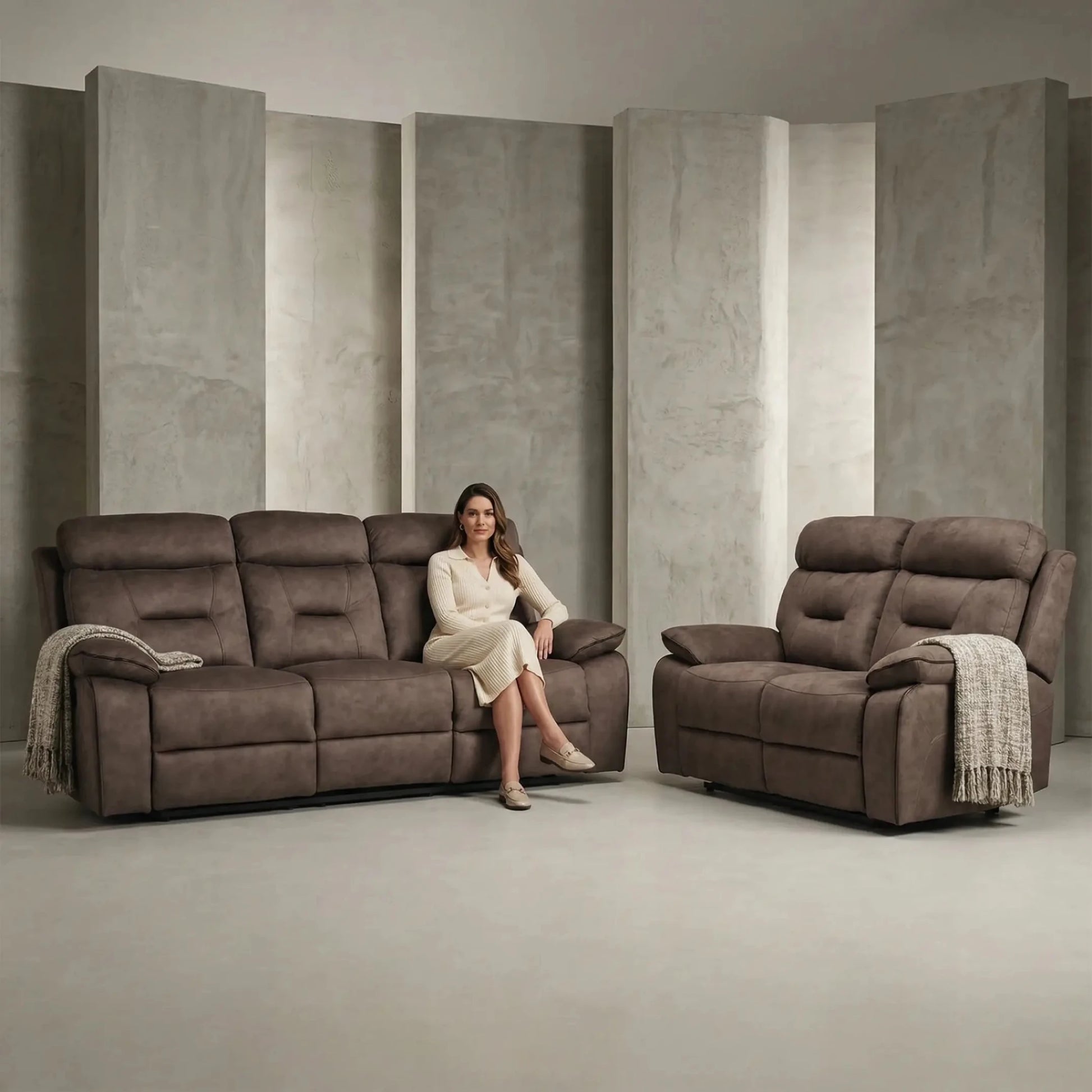 Foster Brown Fabric Electric Recliner 3+2 Seater Sofa Set - Furniture Instore