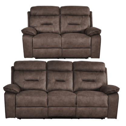 Brown leather reclining sofa set on a white background
