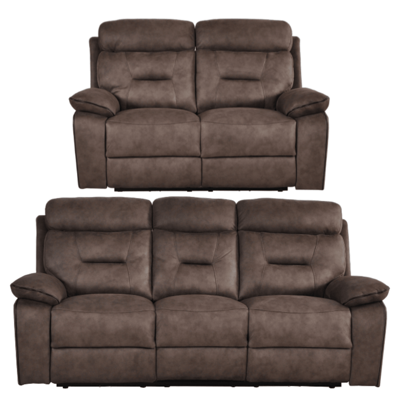 Brown leather reclining sofa set on a white background