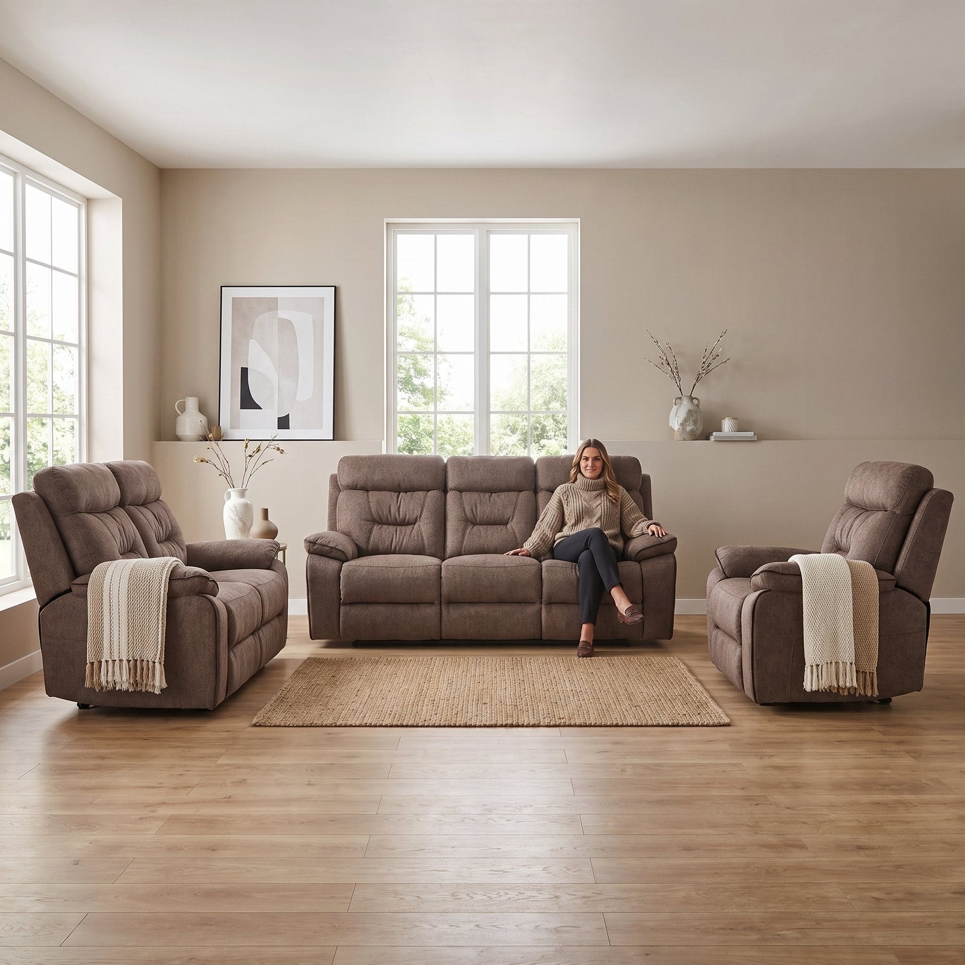 Foster Brown Fabric Electric Recliner 3+2+1 Seater Sofa Set - Furniture Instore