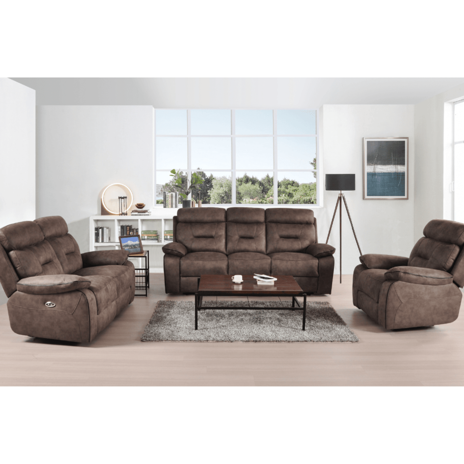 Brown reclining sofa set in a living room with a coffee table and decor items.