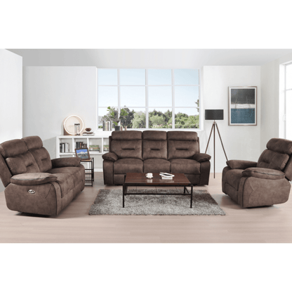 Brown reclining sofa set in a living room with a coffee table and decor items.