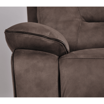 Close-up of a brown leather sofa armrest on a gray background