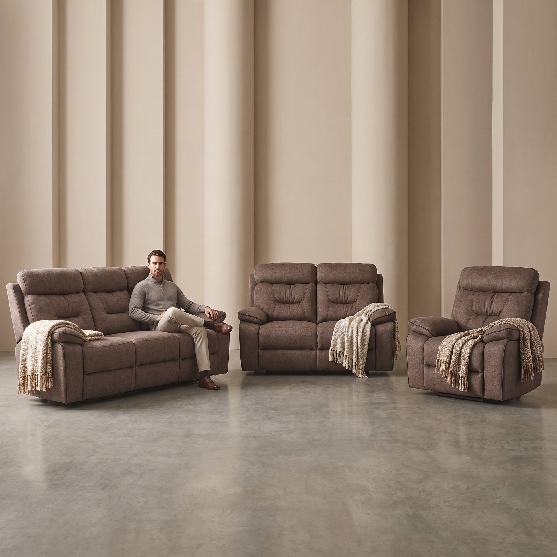Foster Brown Fabric Electric Recliner 3+2+1 Seater Sofa Set - Furniture Instore