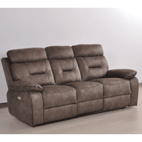 Brown reclining sofa on a light wooden floor with a white wall background