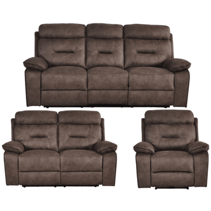 Brown leather reclining sofa set on a white background