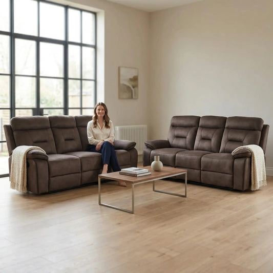 Foster Brown Fabric Electric Recliner 3+3 Seater Sofa Set - Furniture Instore