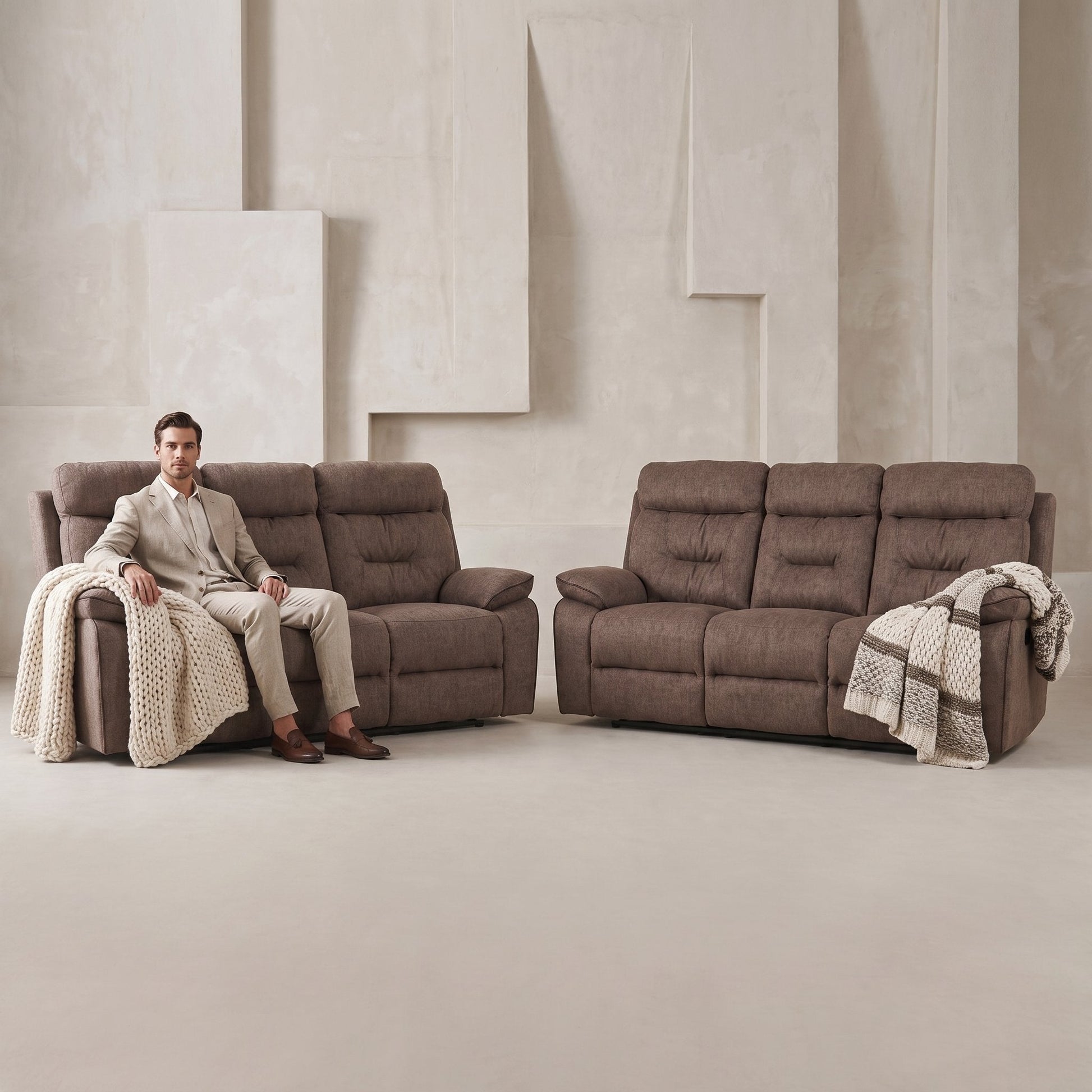 Foster Brown Fabric Electric Recliner 3+3 Seater Sofa Set - Furniture Instore