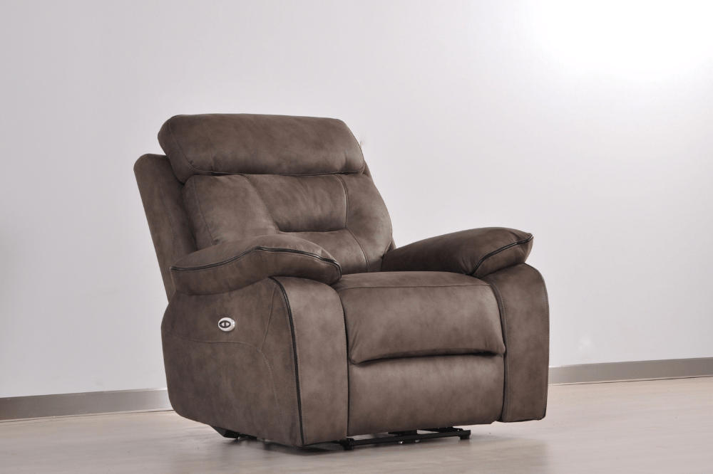 Foster armchair with power recline and plush cushioning in brown fabric.