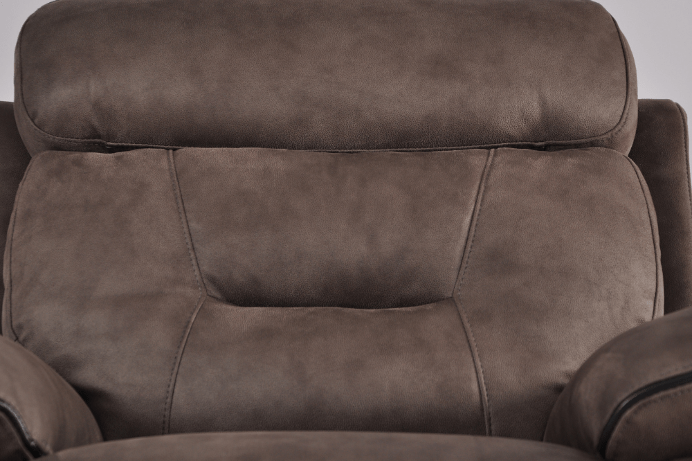 Closeup of Foster brown fabric electric recliner armchair highlighting stitching and fabric texture.