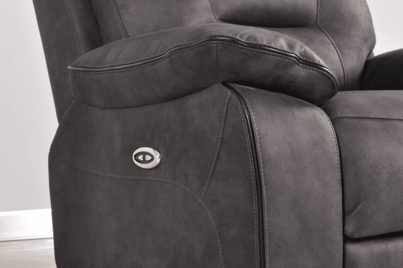 Close-up angle of the seat cushions on the Foster Dark Grey 2-Seater Recliner Sofa – FurnitureInStore