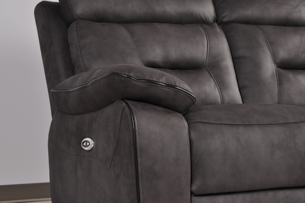 Close-up of the Foster Dark Grey Fabric Electric Recliner 2-Seater Sofa – FurnitureInStore