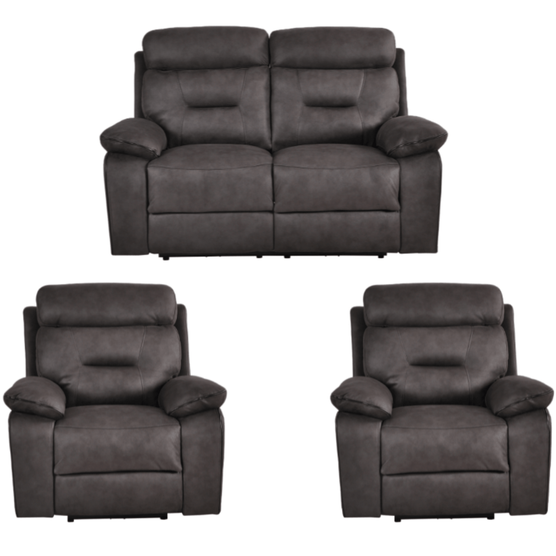 Gray leather sofa set with two recliner chairs on a white background