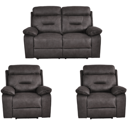 Gray leather sofa set with two recliner chairs on a white background