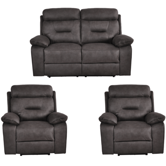 Gray leather sofa set with two recliner chairs on a white background
