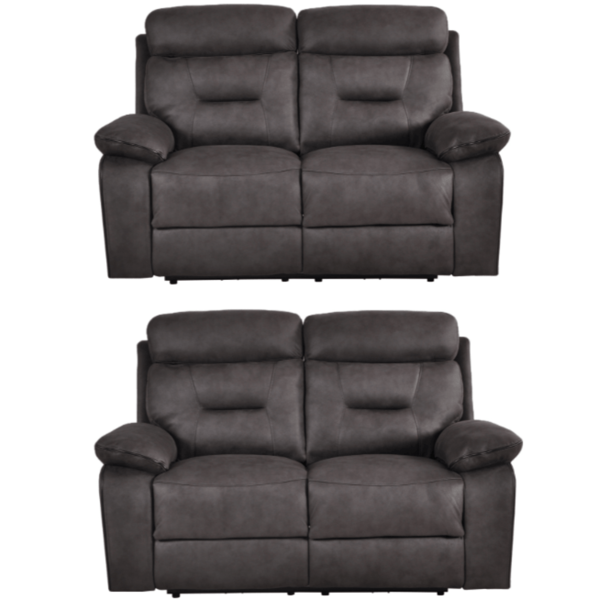 Two gray reclining sofas on a white background