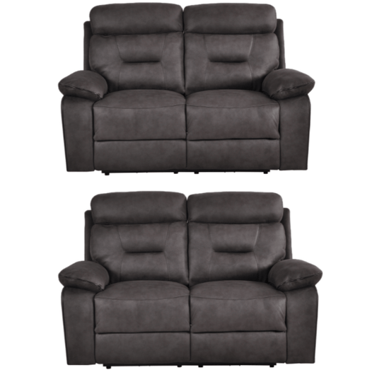 Two gray reclining sofas on a white background