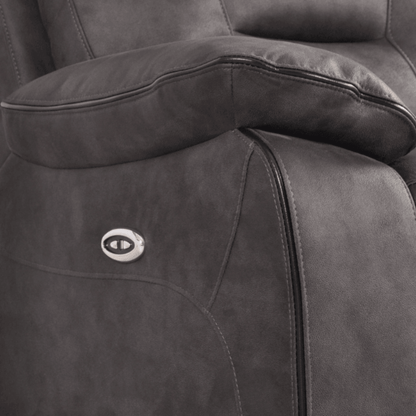 Gray recliner chair with a visible brand logo on the armrest.