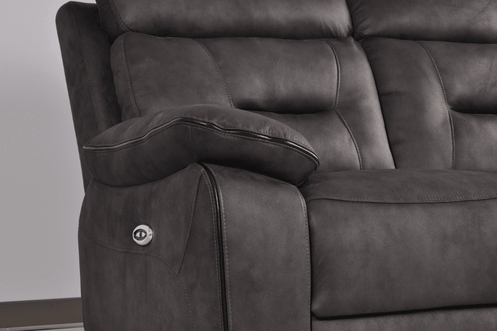 Close-up angle highlighting the soft fabric on the Foster Dark Grey Electric Recliner Sofa – FurnitureInStore
