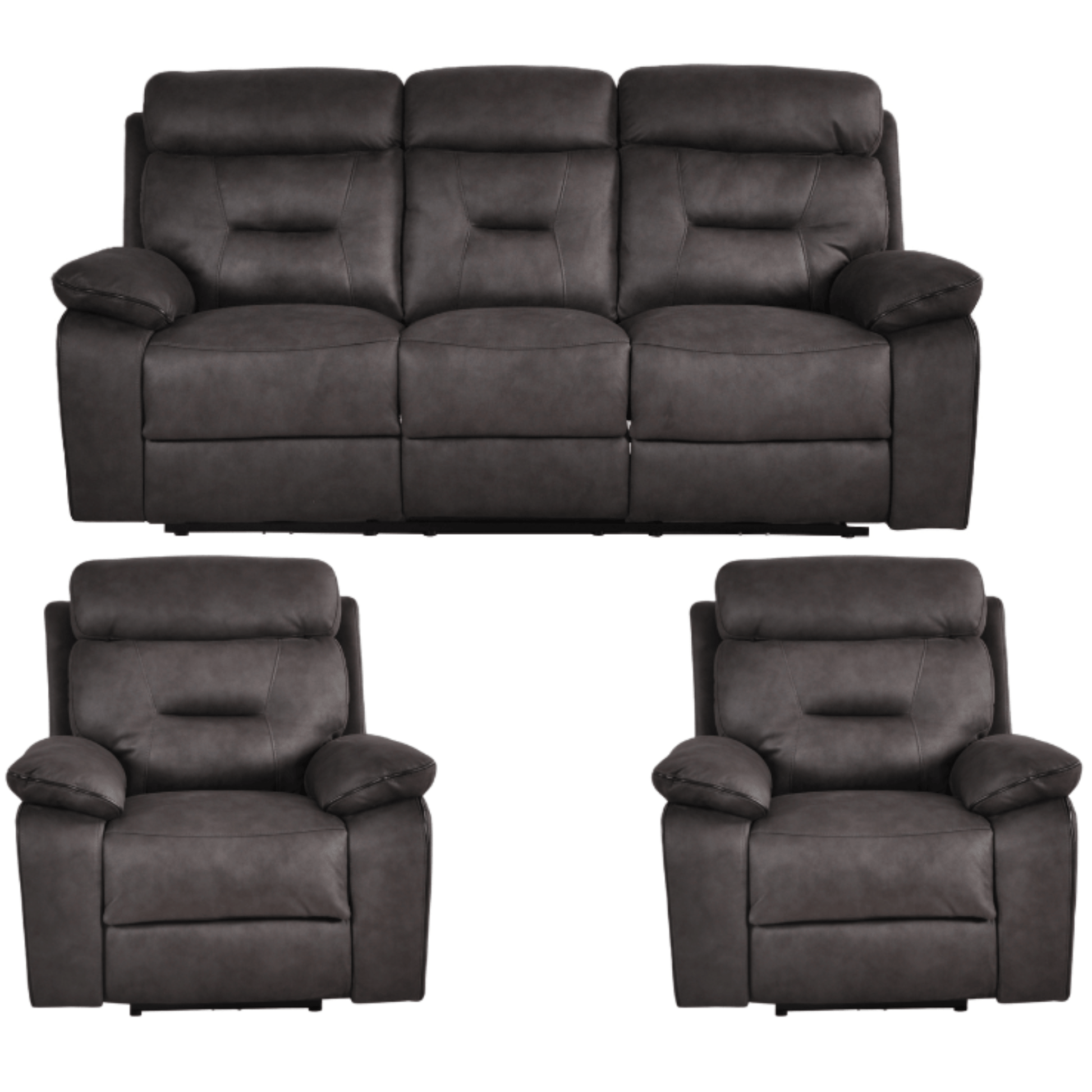Gray leather reclining sofa set with two matching armchairs on a white background