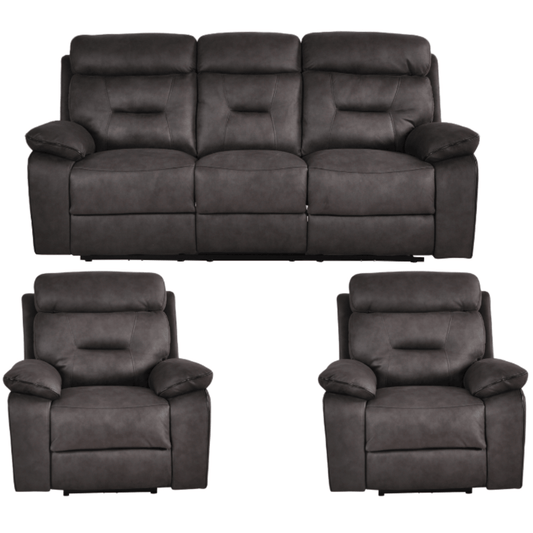 Gray leather reclining sofa set with two matching armchairs on a white background
