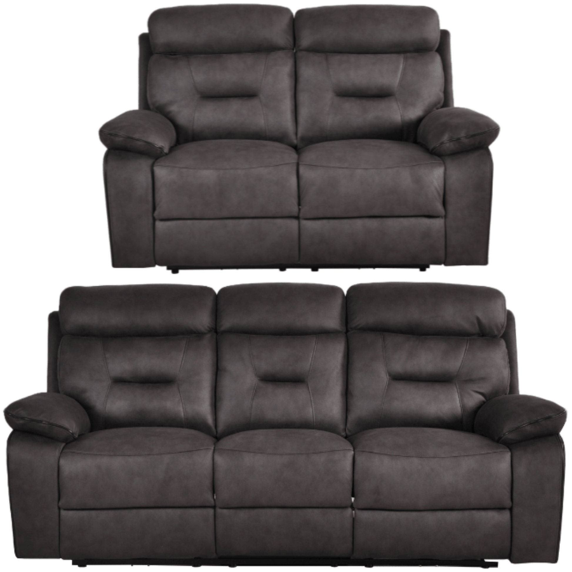 Two gray reclining sofas on a white background