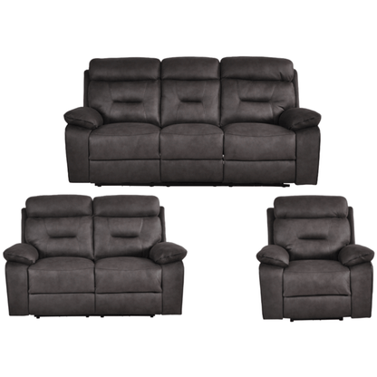 Set of dark gray leather reclining sofa and chairs on a white background