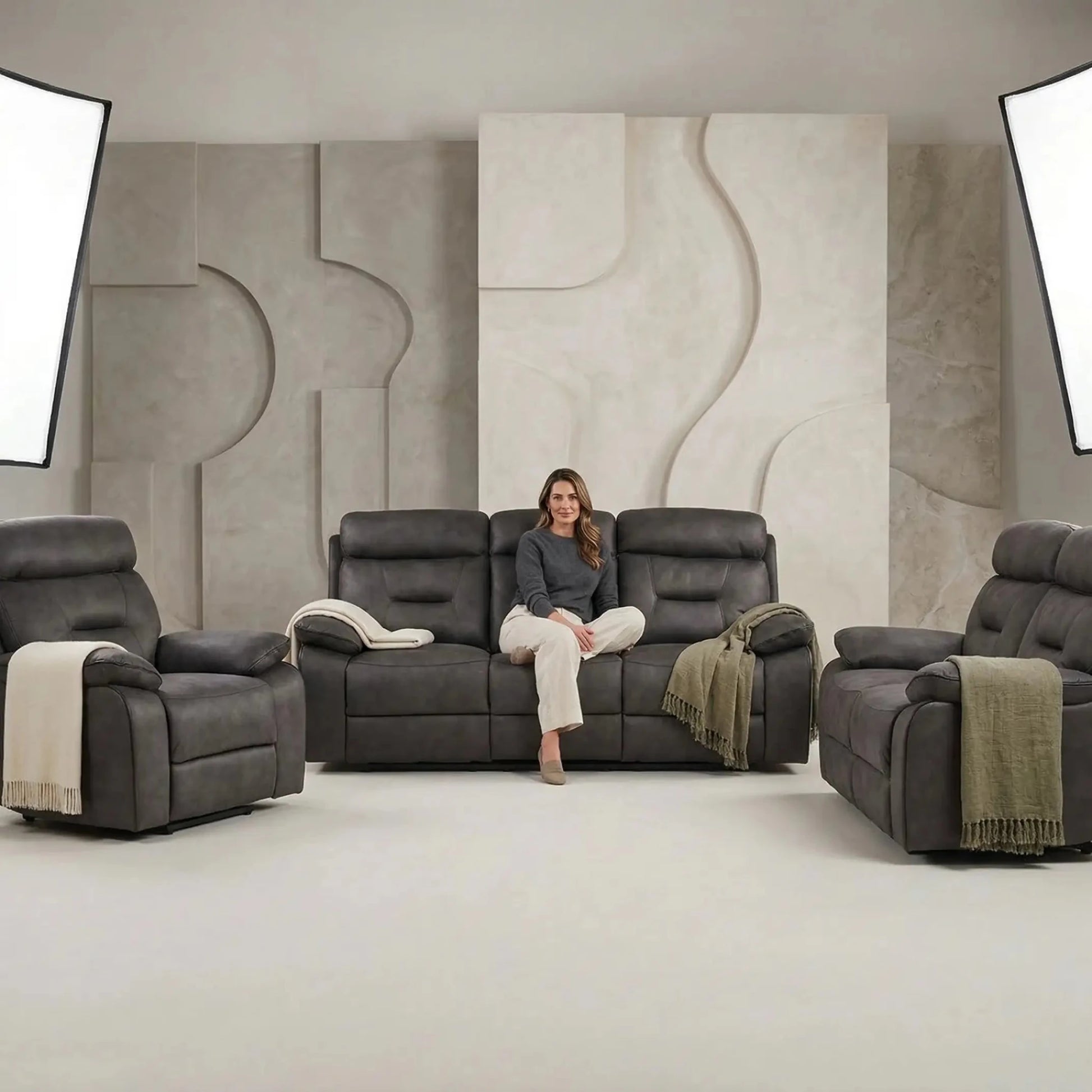 Foster Dark Grey Fabric Electric Recliner 3+2+1 Seater Sofa Set - Furniture Instore