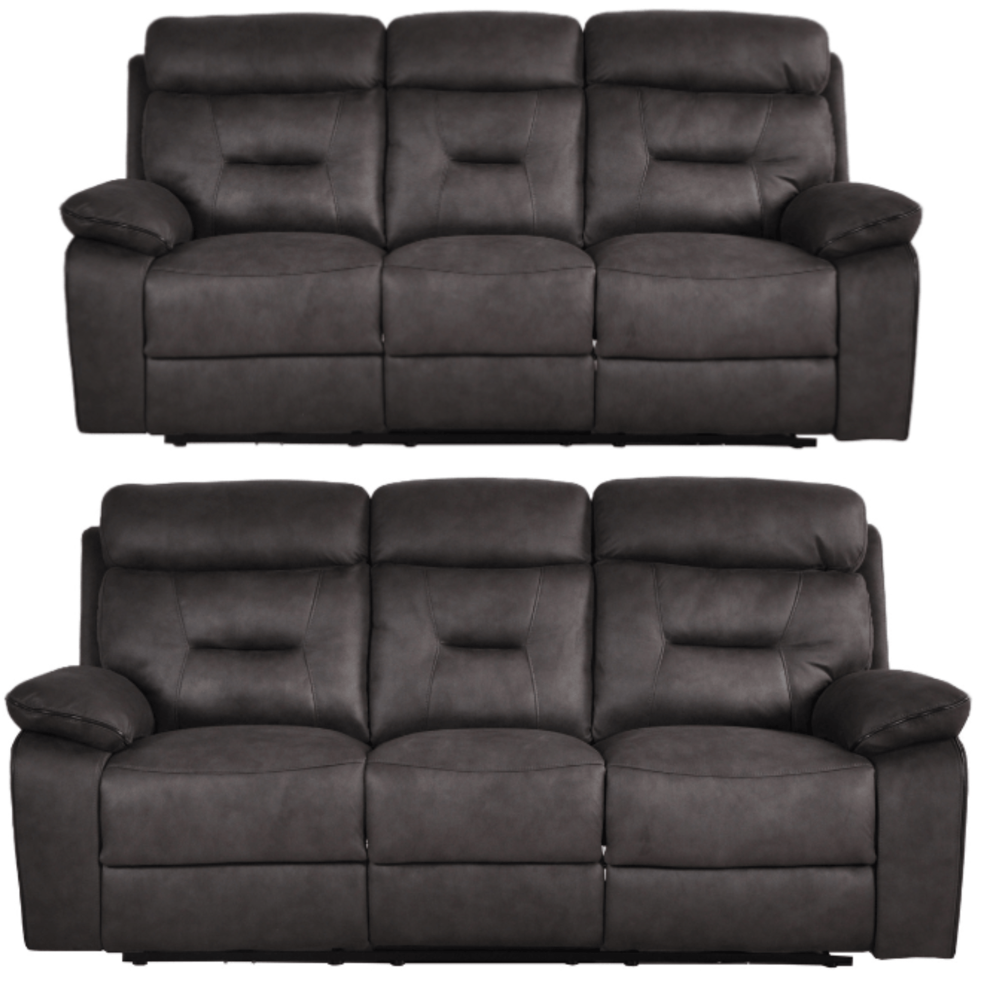 Two dark gray leather recliner sofas on a white background