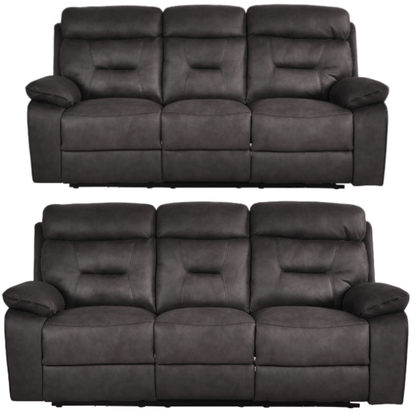 Two dark gray leather recliner sofas on a white background