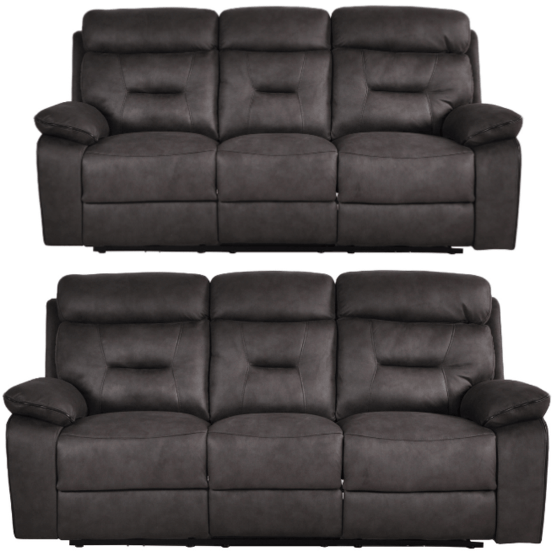Two dark gray leather recliner sofas on a white background