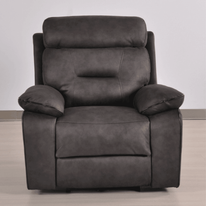 Gray recliner chair on a light wooden floor with a neutral background