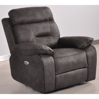 Gray recliner chair on a light wooden floor with a white wall background