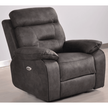 Gray recliner chair on a light wooden floor with a white wall background