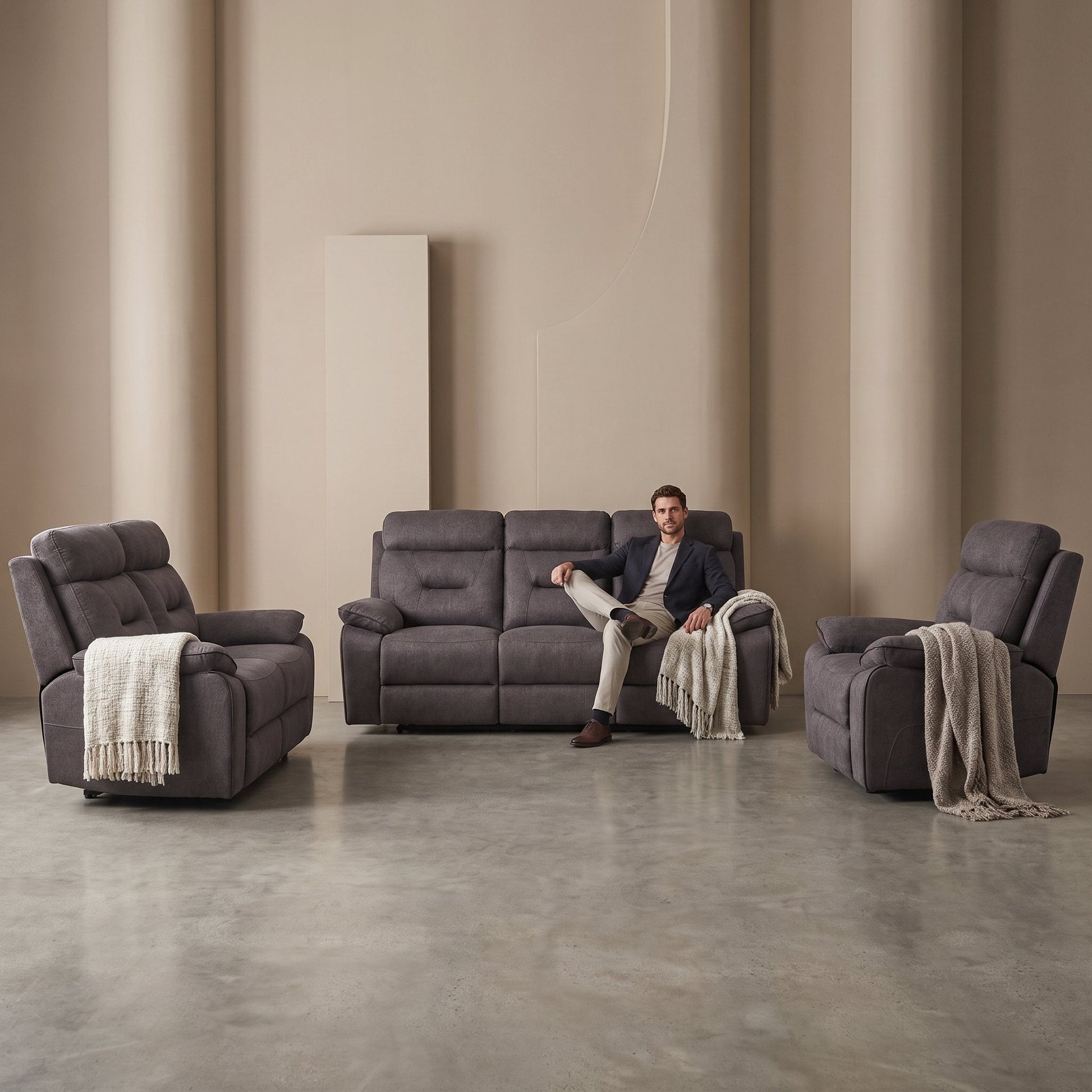 Foster Dark Grey Fabric Recliner 3+2+1 Sofa Set - Furniture Instore