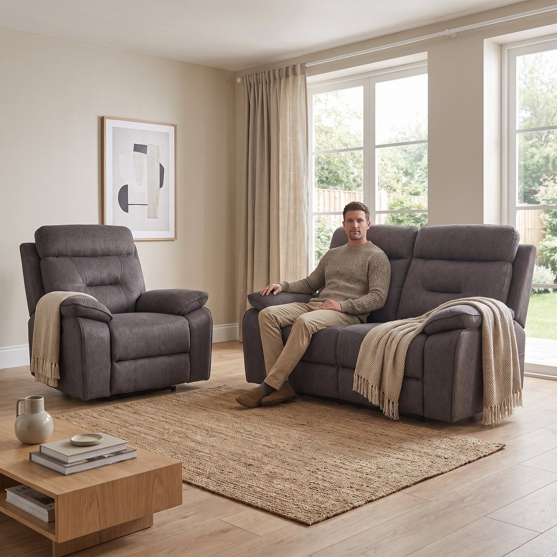 Foster Grey Fabric Electric Recliner 2+1 Seater Sofa Set - Furniture Instore