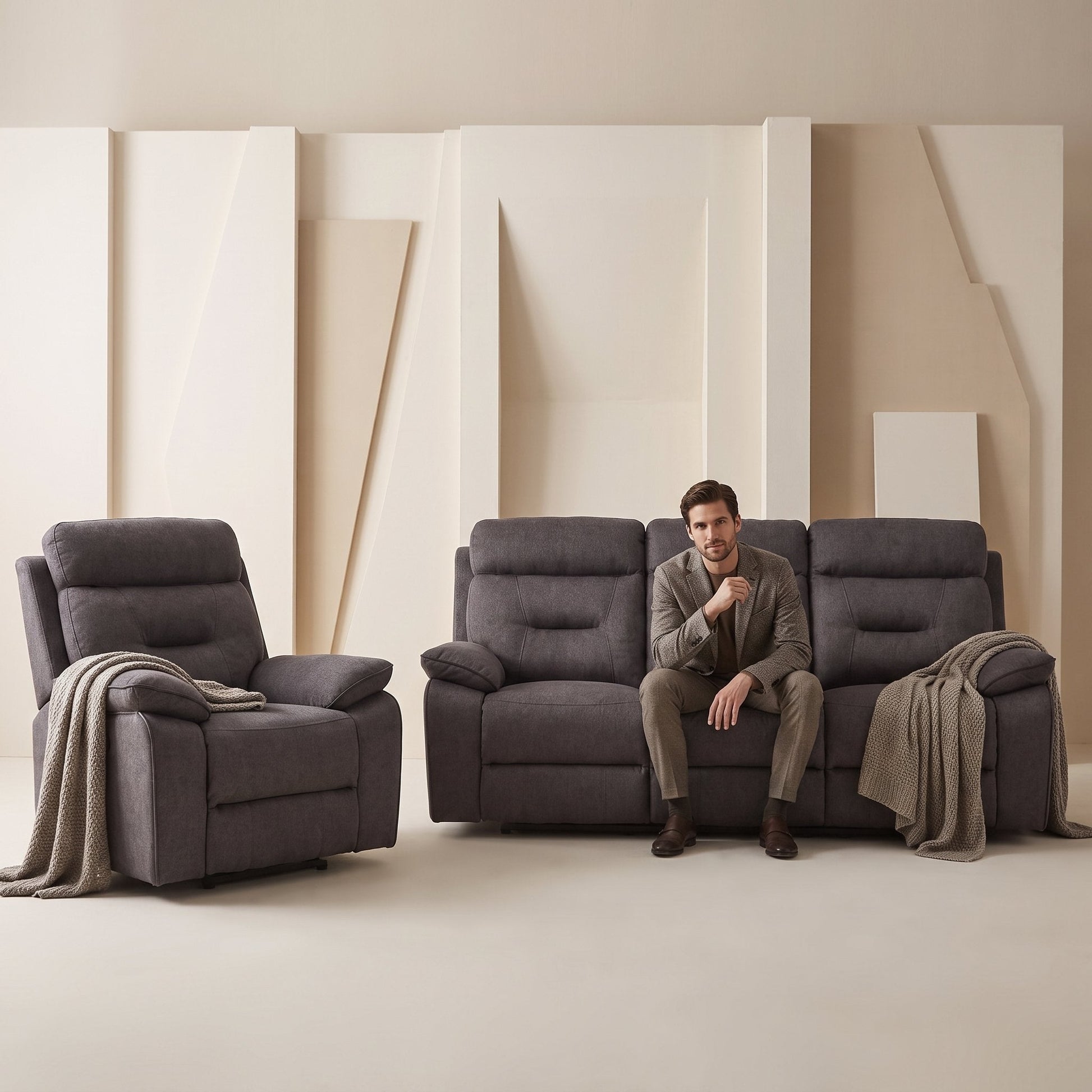 Foster Grey Fabric Electric Recliner 3+1 Seater Sofa Set - Furniture Instore