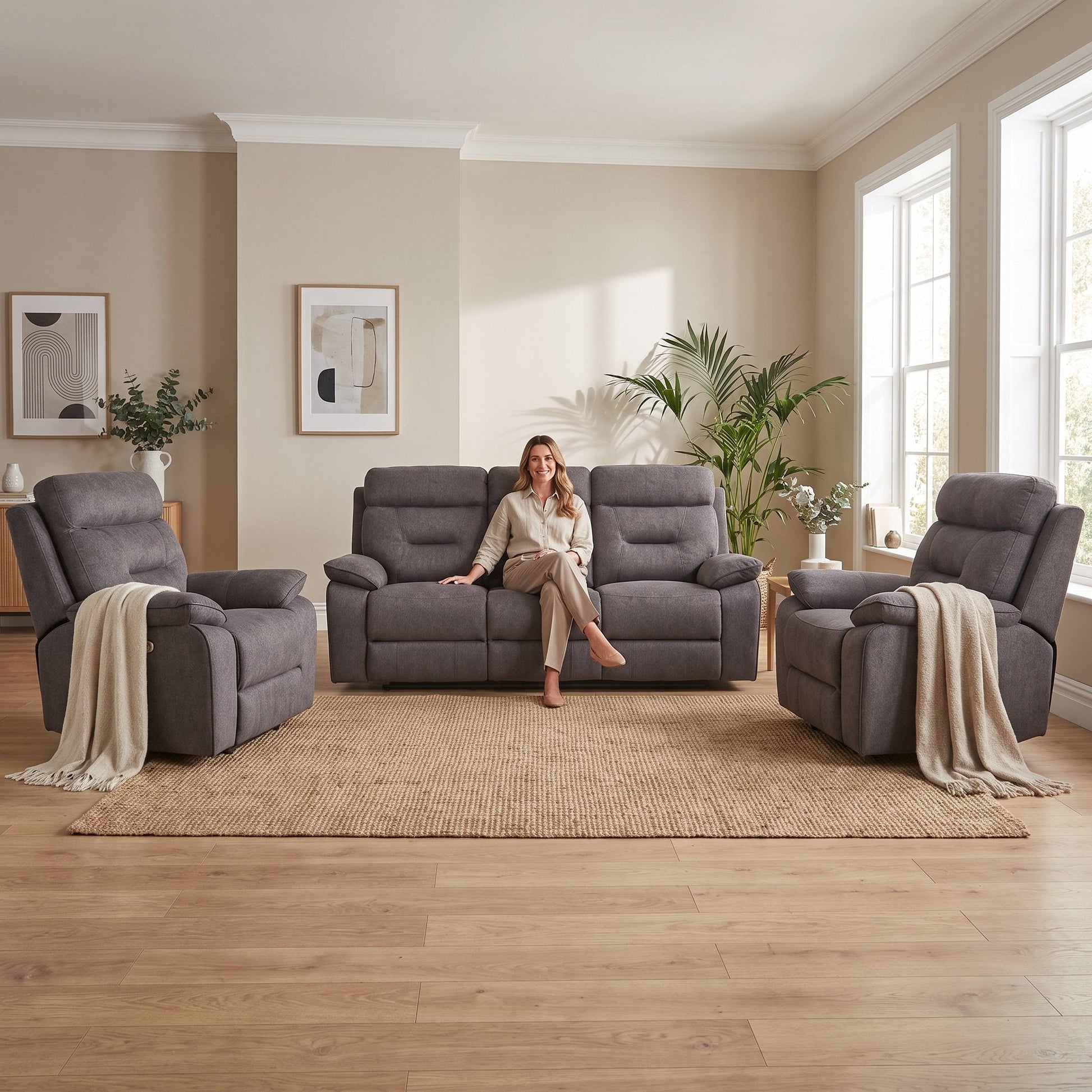 Foster Grey Fabric Electric Recliner 3+1+1 Seater Sofa Set - Furniture Instore