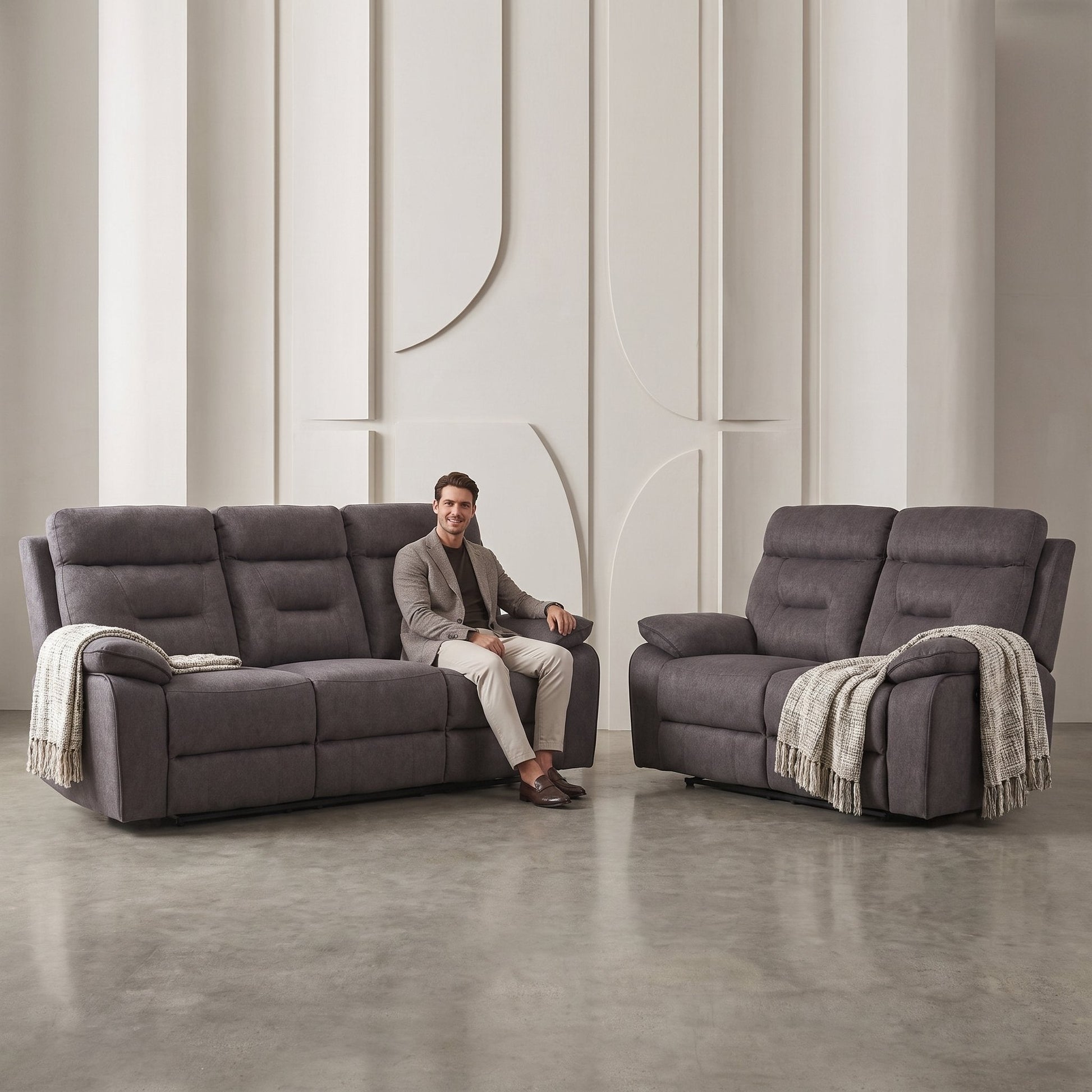 Foster Grey Fabric Electric Recliner 3+2 Seater Sofa Set - Furniture Instore