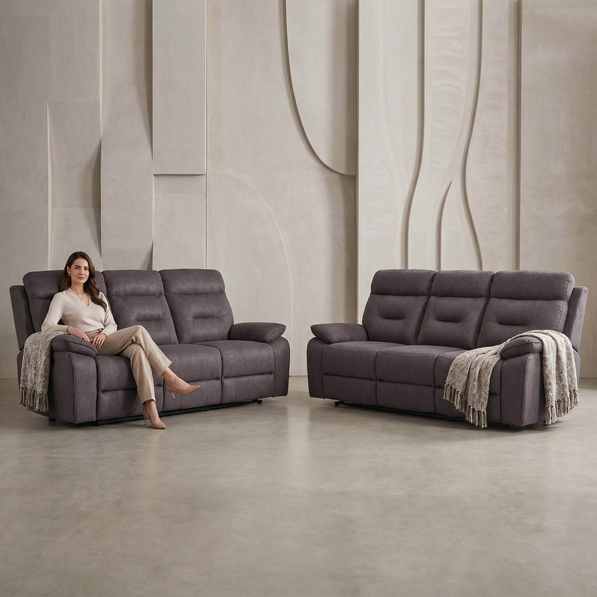 Foster Grey Fabric Electric Recliner 3+3 Seater Sofa Set - Furniture Instore