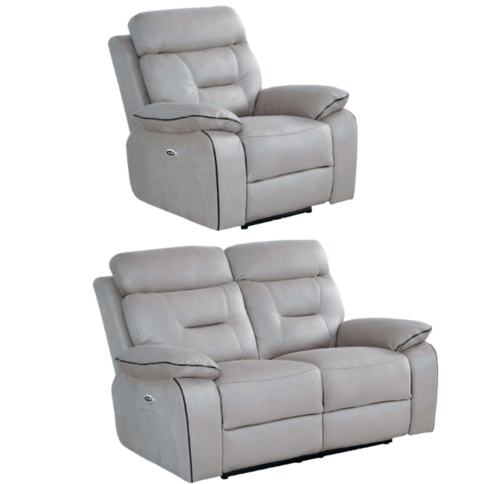 Gray recliner chair and loveseat set on a white background