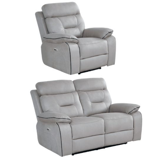Gray recliner chair and loveseat set on a white background