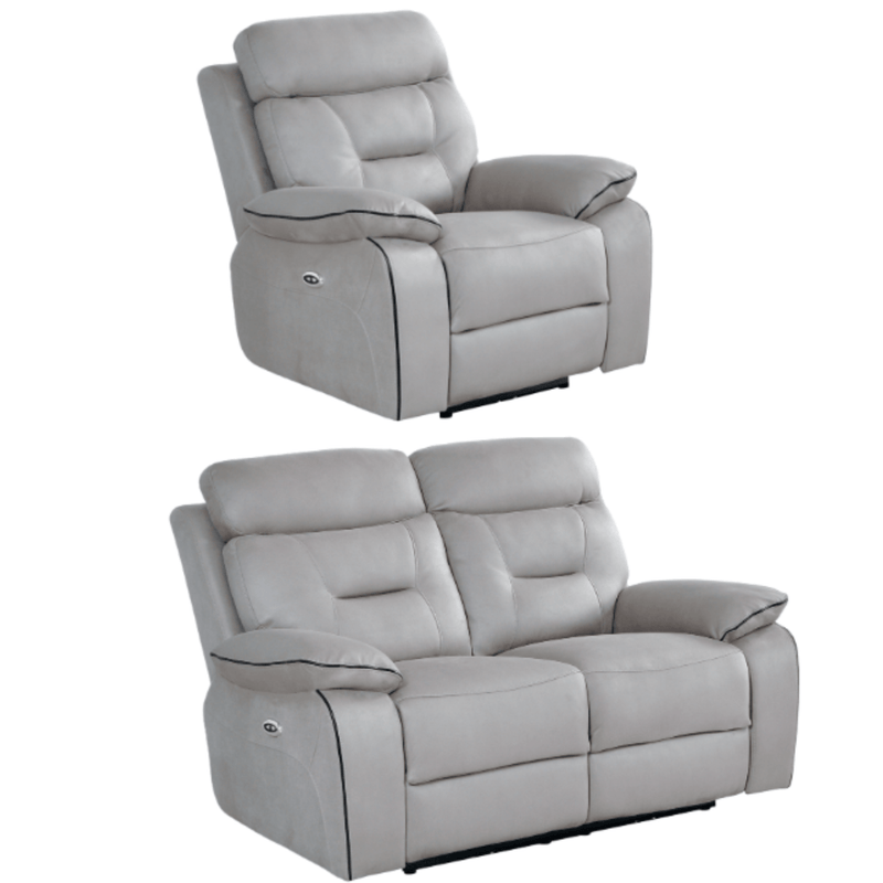 Gray recliner chair and loveseat set on a white background