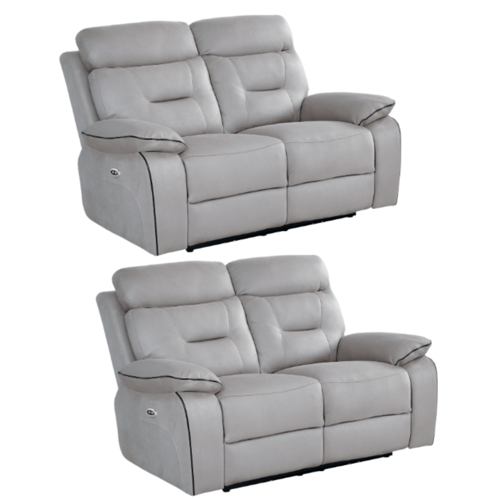 Two gray reclining sofas on a white background