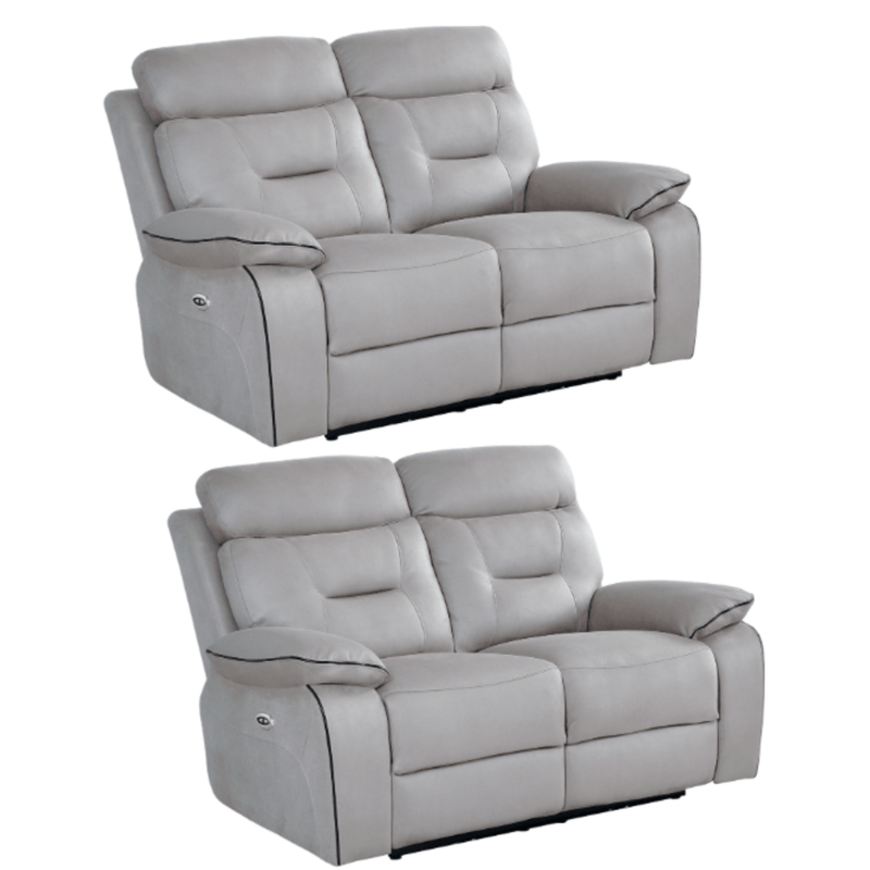 Two gray reclining sofas on a white background