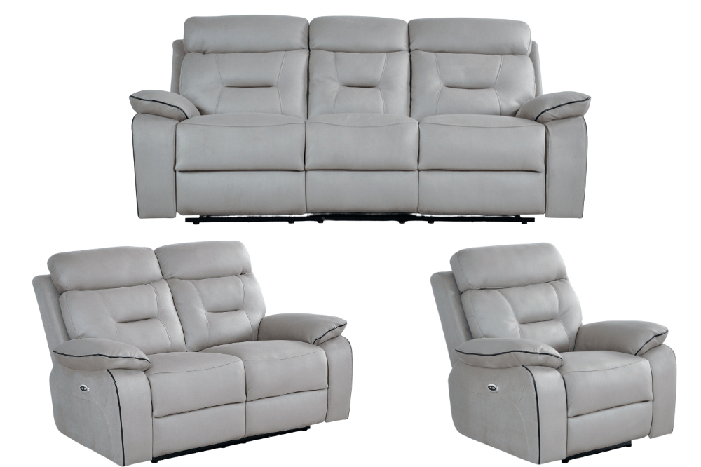 Foster Light Grey Fabric Electric Recliner 3+2+1 Sofa Set with plush seating – FurnitureInStore